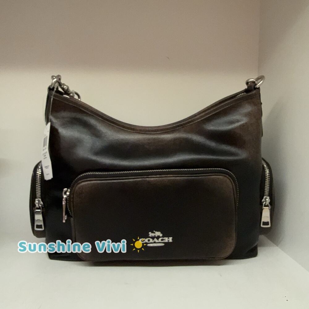 NWT Coach Laurel Shoulder Bag Pockets In Loved Leather CES84 Black Brown